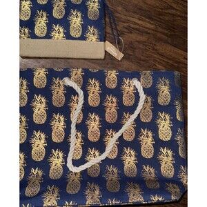 Pineapple Tote Bag Rope String Snap Closure Navy Gold Zipper Accessory Bag NWT